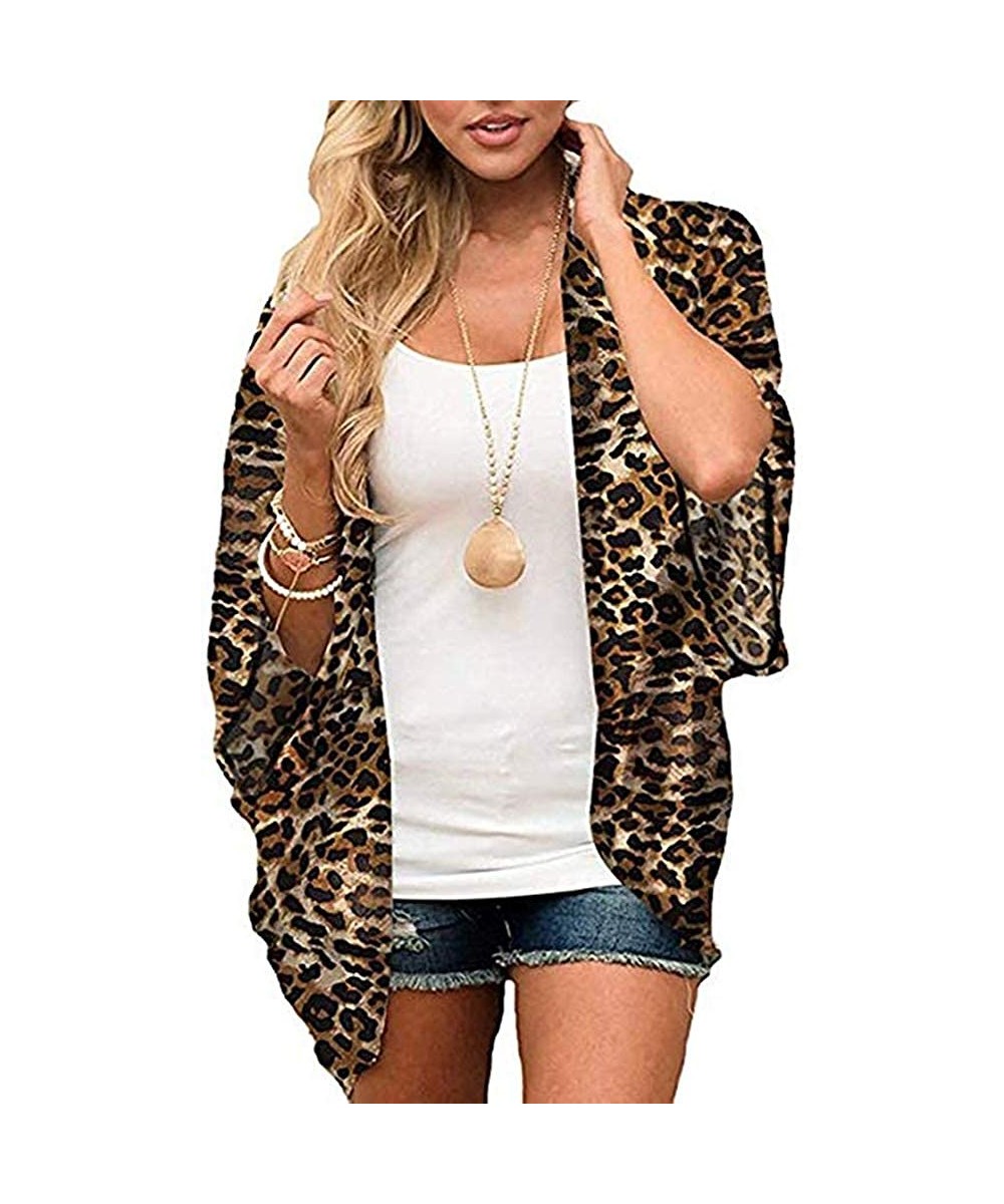 Womens Kimono Cardigans Floral Print Chiffon Beach Cover ups Loose Casual Tops - Leopard - CJ18QSKKIIG $14.57-Cover-Ups