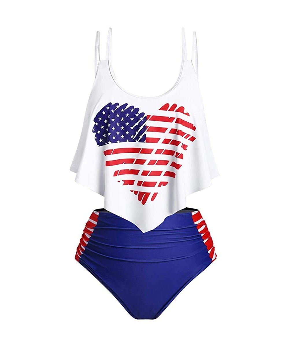 Women's American Flag Print Crisscross Back Boyshort Two Piece Swimsuit-Slimming Tummy Control Swimdress Swimwear - B1 Navy -...