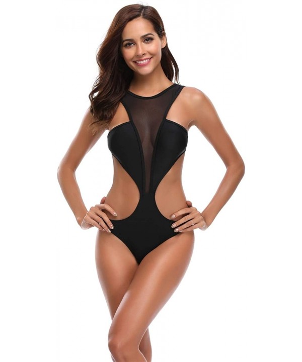 Women Sexy One Piece Swimsuits Halter Plunge V Neck Low Back Cutout Swimwear - Ae Black - CJ19C9348K7 $31.44-One-Pieces