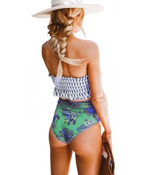 Strapless Pleated Bikini Sets Padded Smocked Swimsuit Bandeau Bathing Suit - Blue1 - CP18TQZY223 $29.83-Sets