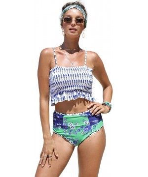 Strapless Pleated Bikini Sets Padded Smocked Swimsuit Bandeau Bathing Suit - Blue1 - CP18TQZY223 $29.83-Sets