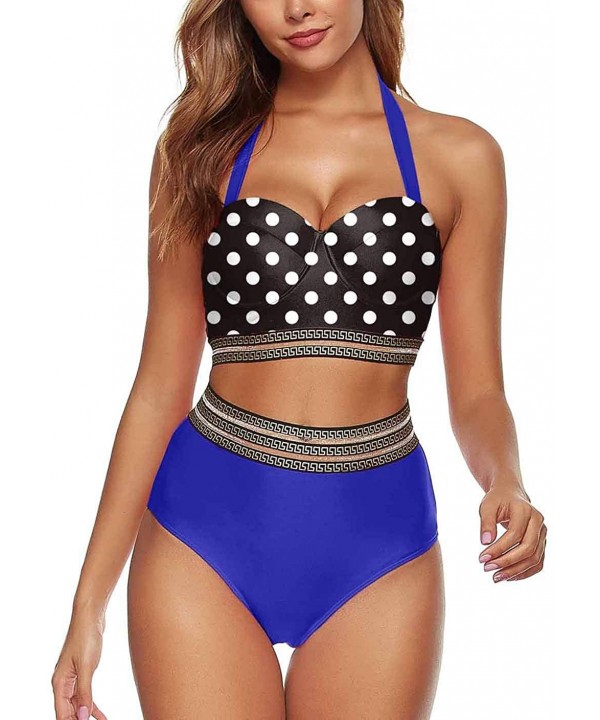 Women Vintage High Waisted Bikini Set Push Up Halter Swimsuit Two Piece 50s Bathing Suit - 01-blue - CK1936LCTTU $17.39-Sets