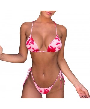 Sexy Bikini Two Piece Low Rise Thong Swimsuits Floral Flounce Tops Bathing Suits for Women - Red986 - CM19C9ERSD8 $16.69-Sets