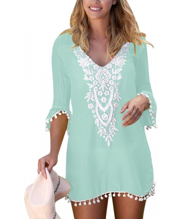 Women Pom Pom Trim Tassel Lace Crochet Swimwear Beach Cover Up - Green - C918E22LDE4 $22.13-Cover-Ups