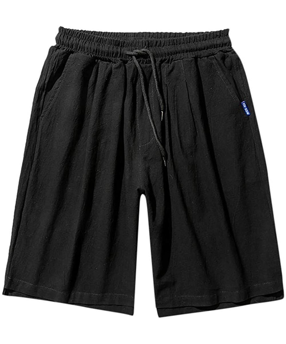 Men Athletic Shorts Summer Casual Linen Pants Solid Colors Beach Shorts Swim Trunks Trousers with Pockets - Black - C018SGSRG...