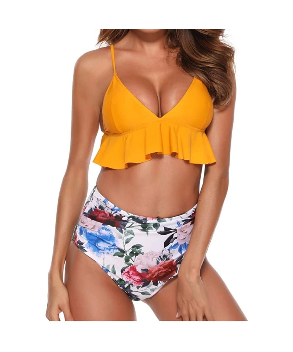 Women Two Piece Padded Swimsuit Bathing Suit High-Waisted Booty Shorts Ruffled Flowers Swimwear Bikini - C818NALYO3H $25.46-R...