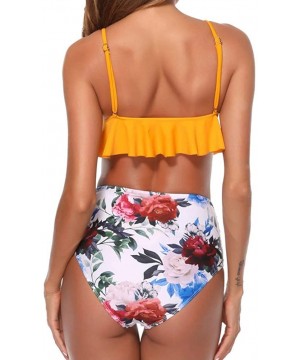 Women Two Piece Padded Swimsuit Bathing Suit High-Waisted Booty Shorts Ruffled Flowers Swimwear Bikini - C818NALYO3H $25.46-R...