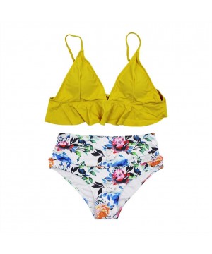 Women Two Piece Padded Swimsuit Bathing Suit High-Waisted Booty Shorts Ruffled Flowers Swimwear Bikini - C818NALYO3H $25.46-R...