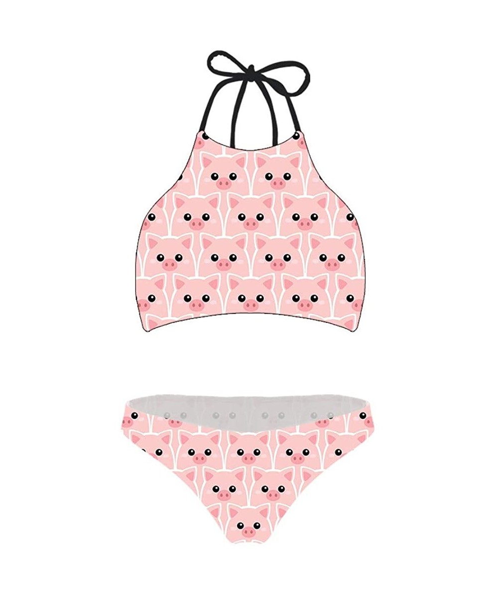 2Piece Swimsuit Women High Neck Cover-up Swimwear with Briefs Ladies Plus Size Beach Bikini Set - Pig - CP195TQI786 $23.54-Sets