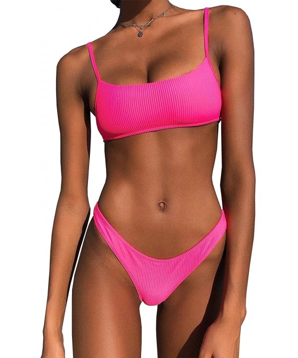 Bikini Set Ribbed Neon Scoop Crop Top High Cut 2 Piece Brazilian Sporty Swimsuits for Women - Pink - C718T0C2U9O $14.01-Sets