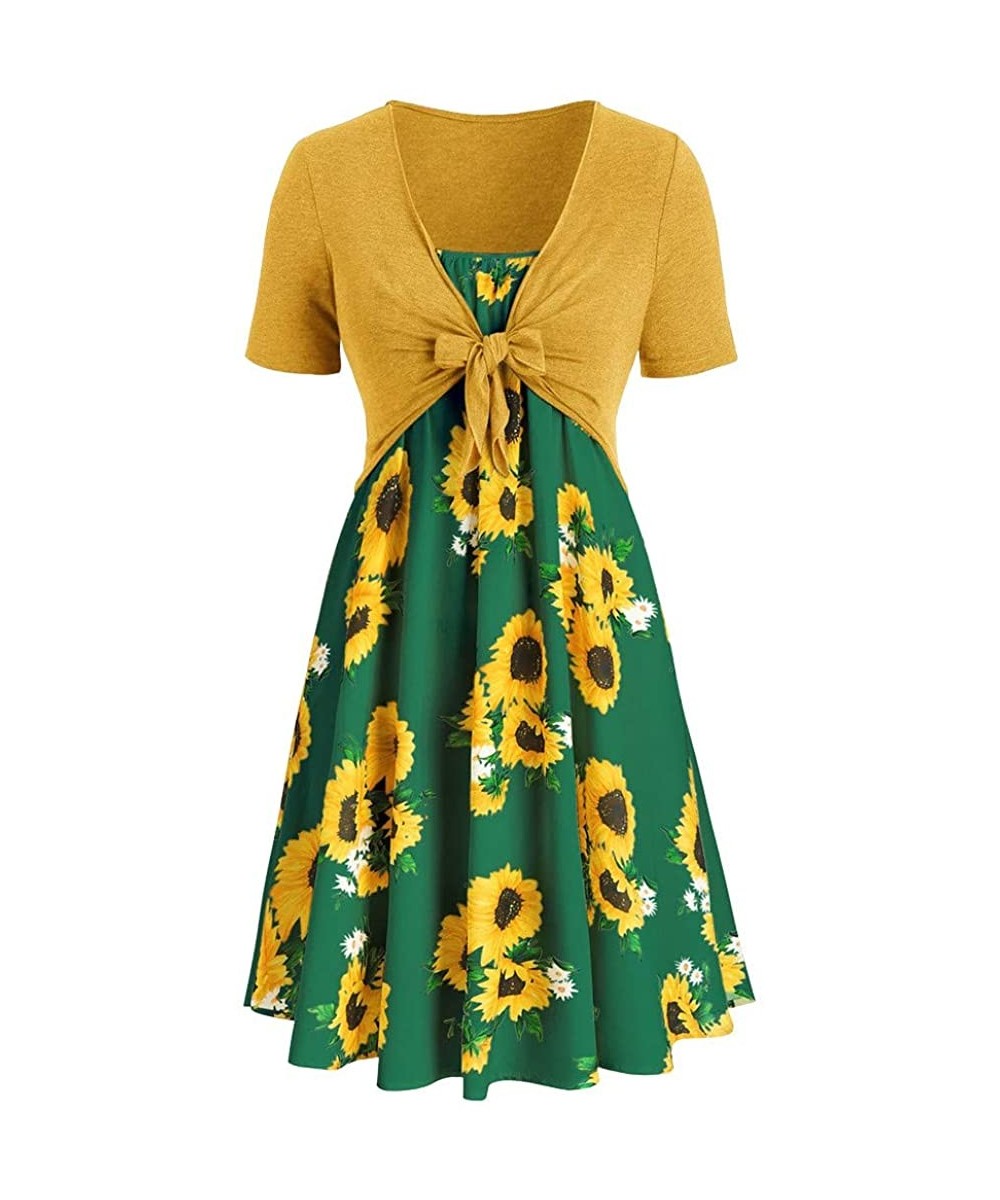 Fashion Women Short Sleeve Bow Knot Bandage Top Sunflower Print Mini Dress Suits - Mint Green - CX18S0L43KZ $17.34-Bottoms