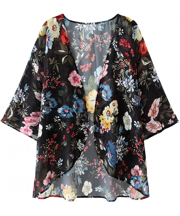 Womens Kimono Cardigan Sheer Chiffon Cover up Floral Print Capes Loose Blouse Tops Cover ups - P16 - CQ193XE49WE $17.27-Cover...