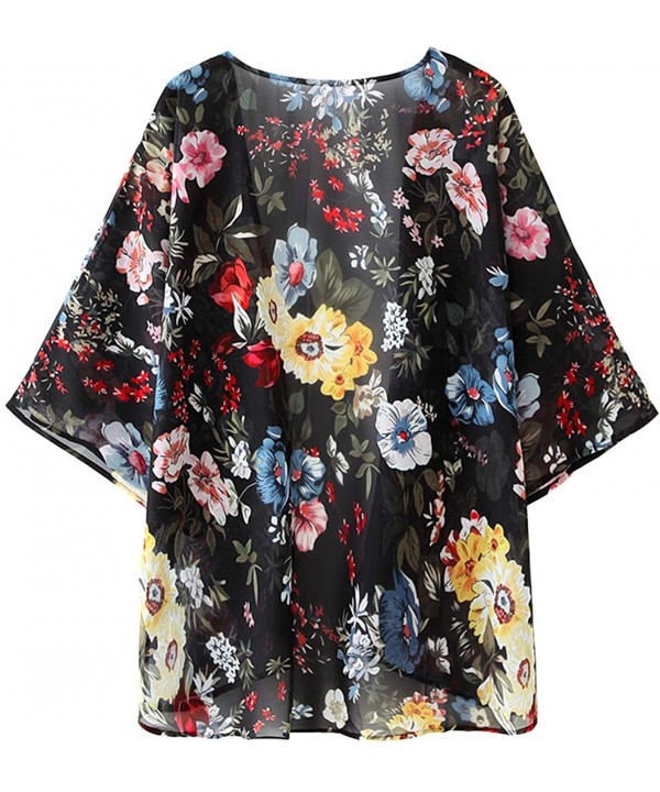 Womens Kimono Cardigan Sheer Chiffon Cover up Floral Print Capes Loose Blouse Tops Cover ups - P16 - CQ193XE49WE $17.27-Cover...