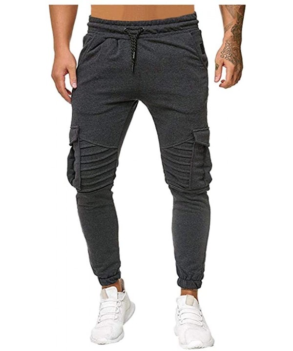 Men's Sweatpants Casual Elastic Waist Pleated Stripe Slim Fit Cargo Trouser with Multi-Pocket - Dark Gray - CD18WO8ILAG $21.9...