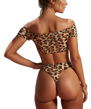 Women Off The Shoulder Leopard Print Beach Bathing Suit Bandeau Straps Lace Up High Waist 2 Piece Bikini Set Leopard - CB18HC...