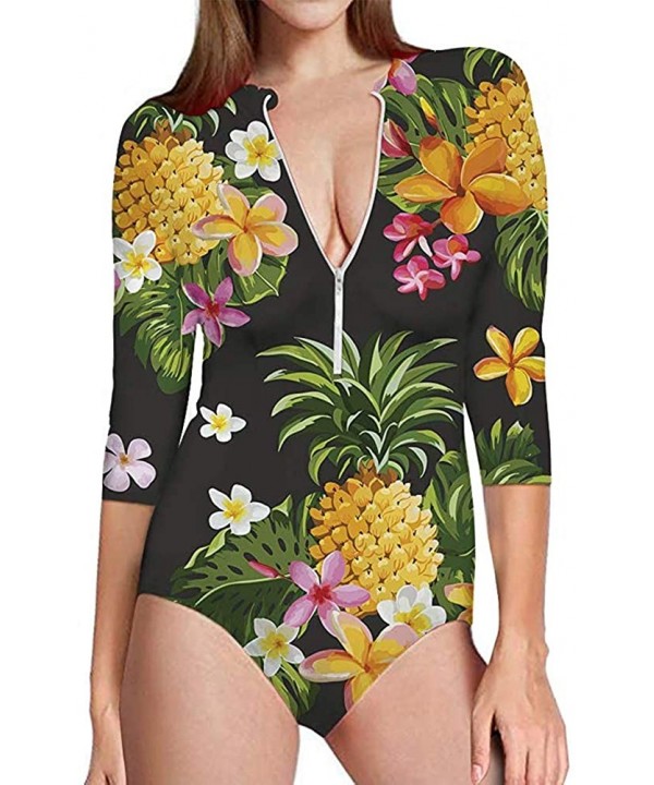 Womens One Piece Swimsuit Zip Front Printed 3/4 Short Sleeve Rash Guard UPF 50++ Sun Protection Swimwear - Flower Pineapple 2...