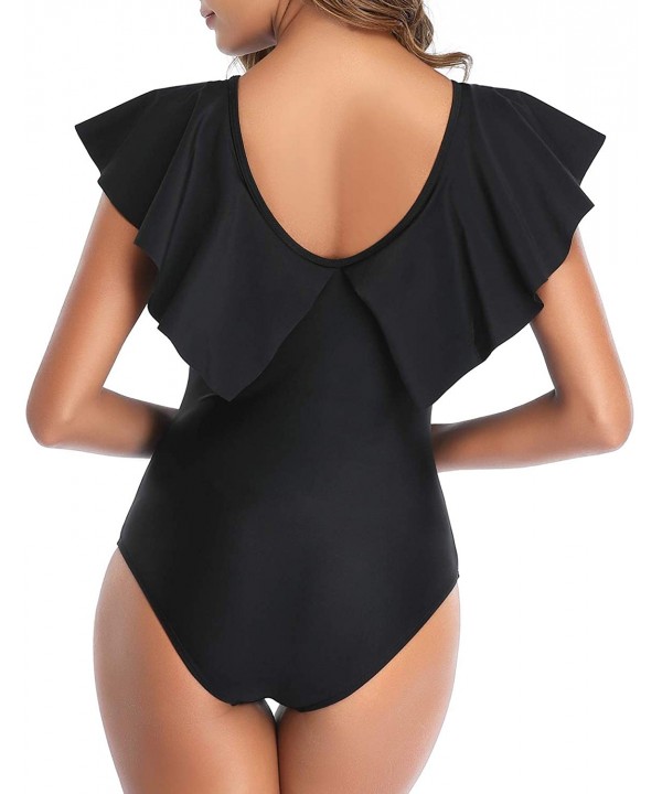 Women One Piece Flounce Ruffle Swimsuit Deep V Neck Plunge Swimwear - Solid Black - C8192ZKXTNH $29.35-One-Pieces