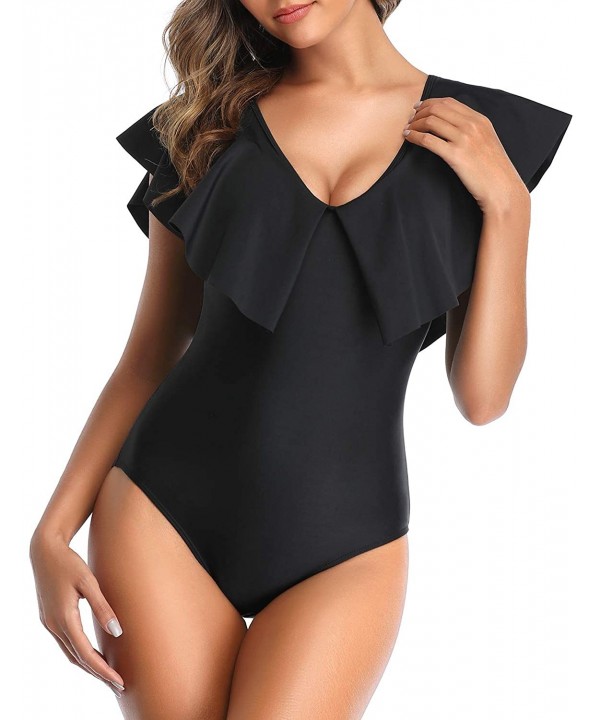 Women One Piece Flounce Ruffle Swimsuit Deep V Neck Plunge Swimwear - Solid Black - C8192ZKXTNH $29.35-One-Pieces