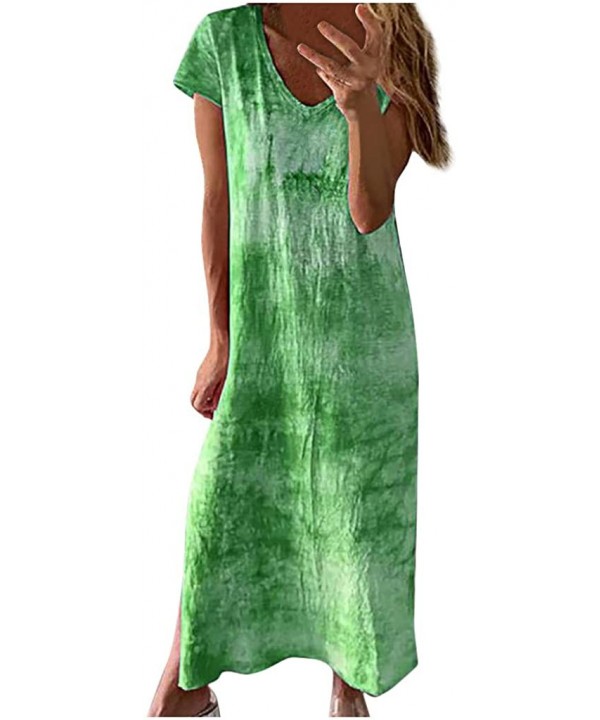 Fashion Women Casual Tie-dye Print V-Neck Short Sleeves Hem Split Long Dress - Green - CQ199OZX9HT $28.31-Sets