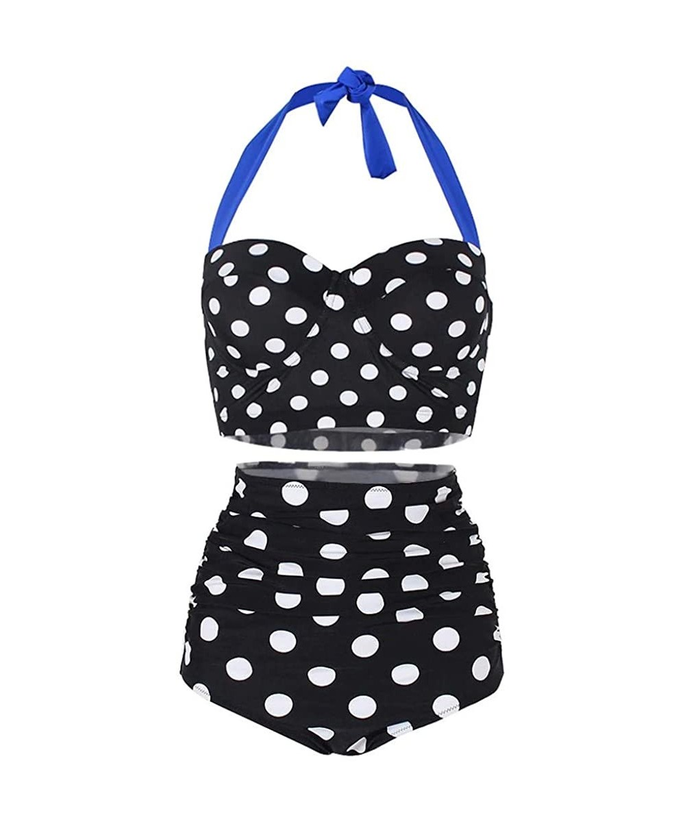 Women's High Waist Bikini Swimwear Women's Vintage Print Beachwear Bikini Set Swimwear - C7-black - C6196LXAWIC $11.77-Sets