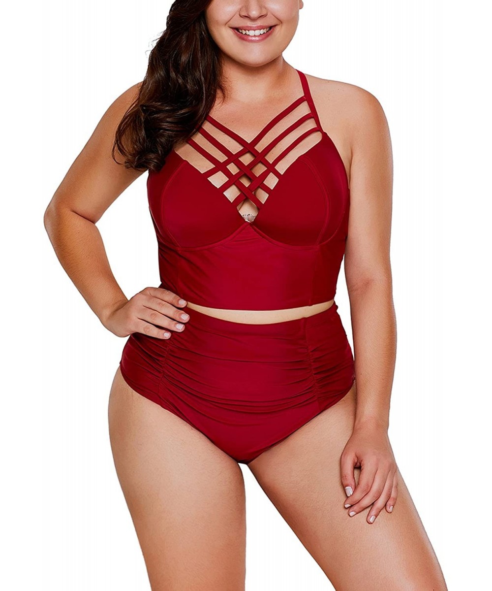 Women's Strappy Hollow Out Floral Swimwear Plus Size High Waist Bikini Sets - Red - C2190N58ZXH $24.53-Sets