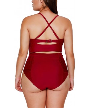 Women's Strappy Hollow Out Floral Swimwear Plus Size High Waist Bikini Sets - Red - C2190N58ZXH $24.53-Sets