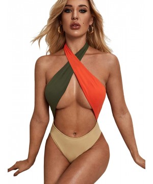 Women's One Piece Swimsuit V Neck Plunge Mesh Fishnet Backless Monokini Swimwear - Multi - CG193QHDLCW $19.34-One-Pieces