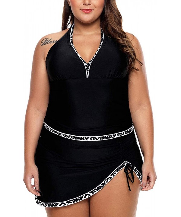 Womens Plus Size Swimsuit Halter Tankini Top and Skort Bottom Set Bathing Suits - Black&white - CE18SN45K9N $27.96-Tankinis