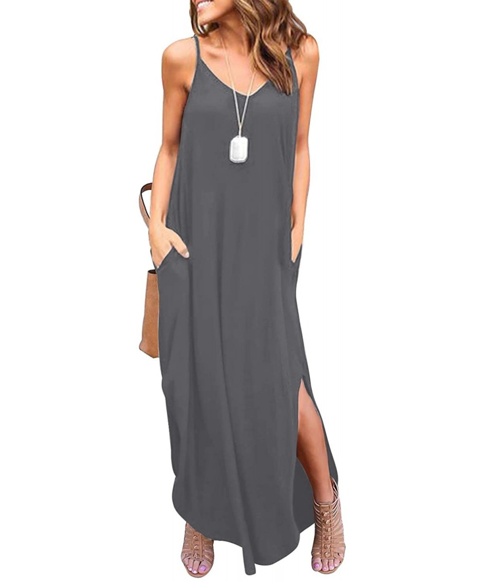 Women's Summer Casual Sleeveless V Neck Strappy Split Loose Dress Beach Cover Up Long Cami Maxi Dresses with Pocket - Dark Gr...