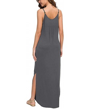 Women's Summer Casual Sleeveless V Neck Strappy Split Loose Dress Beach Cover Up Long Cami Maxi Dresses with Pocket - Dark Gr...