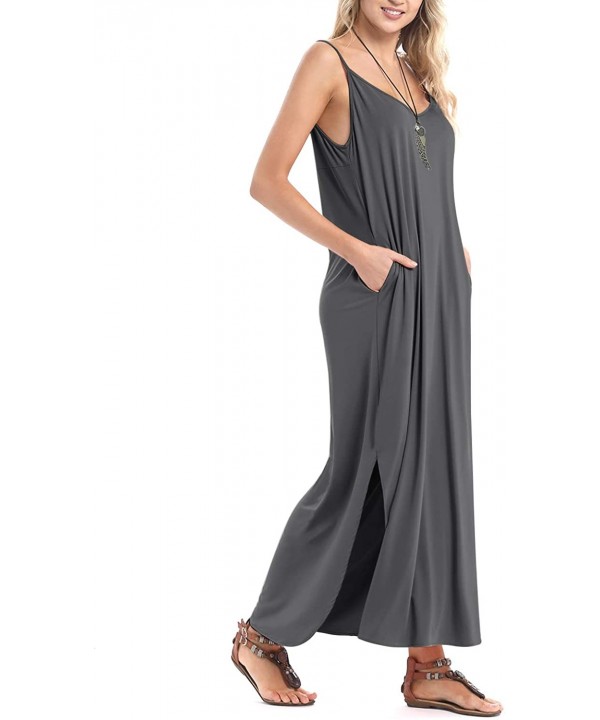 Women's Summer Casual Sleeveless V Neck Strappy Split Loose Dress Beach Cover Up Long Cami Maxi Dresses with Pocket - Dark Gr...