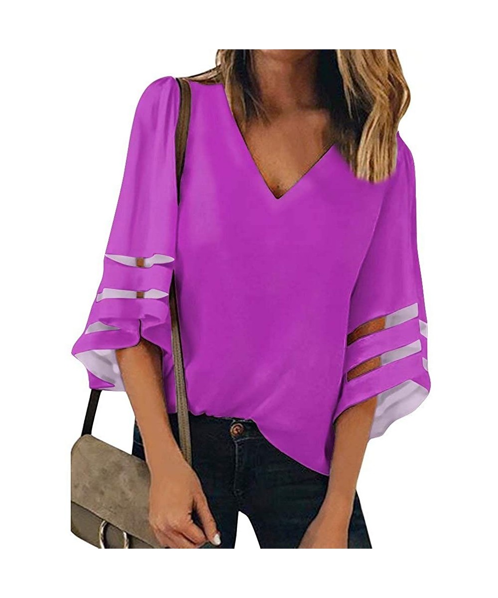 Women's V Neck Mesh Panel Patchwork 3/4 Bell Sleeve Loose Blouse Top Shirt - Purple - C4192O3GACD $24.62-Cover-Ups