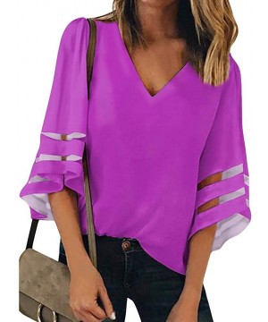 Women's V Neck Mesh Panel Patchwork 3/4 Bell Sleeve Loose Blouse Top Shirt - Purple - C4192O3GACD $24.62-Cover-Ups