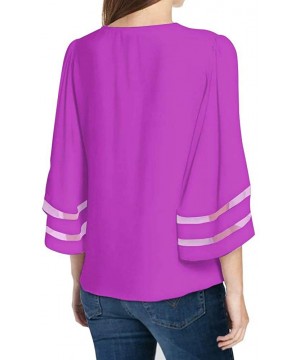 Women's V Neck Mesh Panel Patchwork 3/4 Bell Sleeve Loose Blouse Top Shirt - Purple - C4192O3GACD $24.62-Cover-Ups