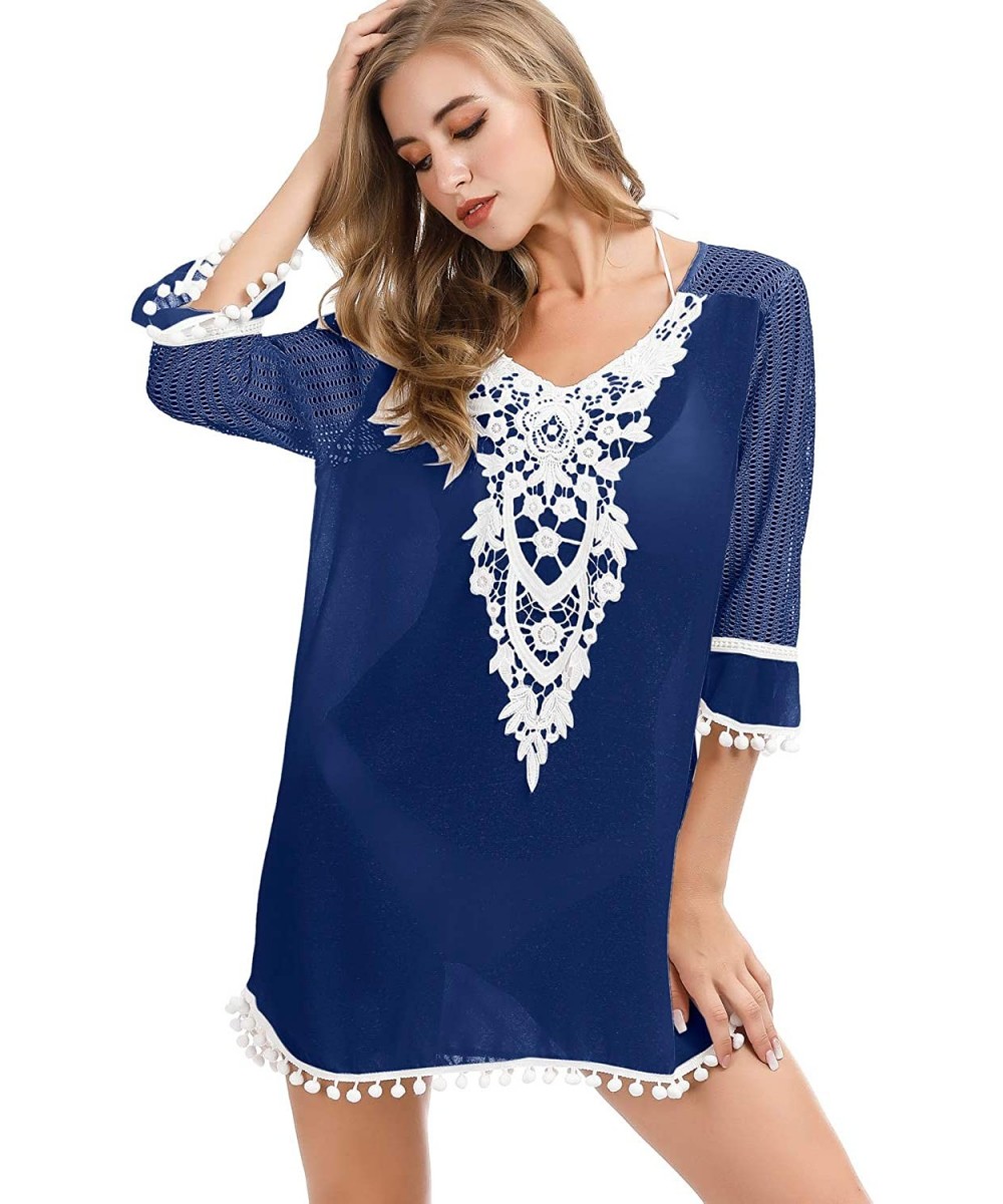 Women's Crochet Chiffon Tassel Cover Up Summer Beach Bathing Swimsuit Beach Dress - 02-royal Blue - CK18RKXKGLM $9.60-Cover-Ups