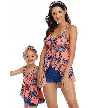 Mommy and Me Halter Ruffle Swimsuit Leaf Print High Waisted Adjustable Straps Family Matching Bikini Set - Pink - C7195U4XAMA...