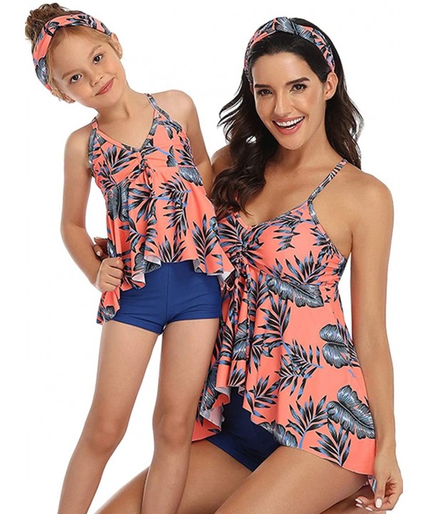 Mommy and Me Halter Ruffle Swimsuit Leaf Print High Waisted Adjustable Straps Family Matching Bikini Set - Pink - C7195U4XAMA...