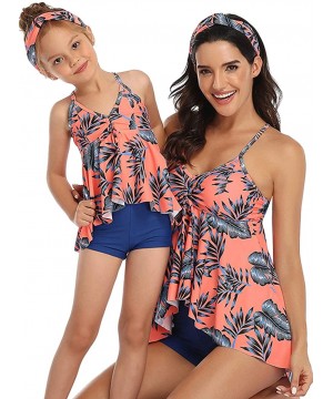 Mommy and Me Halter Ruffle Swimsuit Leaf Print High Waisted Adjustable Straps Family Matching Bikini Set - Pink - C7195U4XAMA...