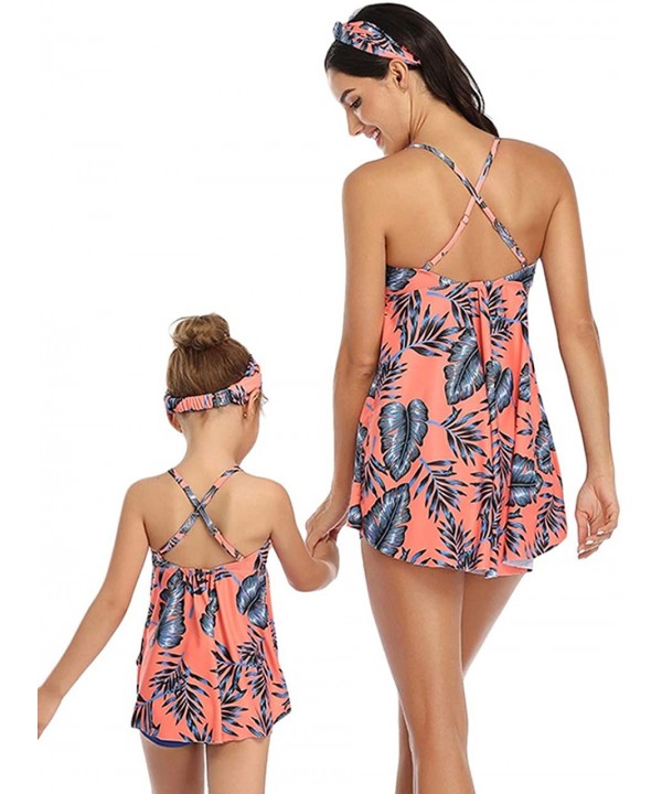 Mommy and Me Halter Ruffle Swimsuit Leaf Print High Waisted Adjustable Straps Family Matching Bikini Set - Pink - C7195U4XAMA...