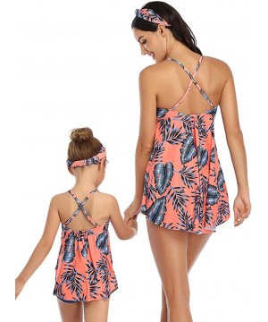 Mommy and Me Halter Ruffle Swimsuit Leaf Print High Waisted Adjustable Straps Family Matching Bikini Set - Pink - C7195U4XAMA...