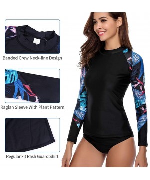 Women's Long Sleeve Rashguard UPF 50 Sun Protection Swimsuit Top Striped Swim Shirts - Leaf Pattern-black - CN189XQEA7O $26.8...