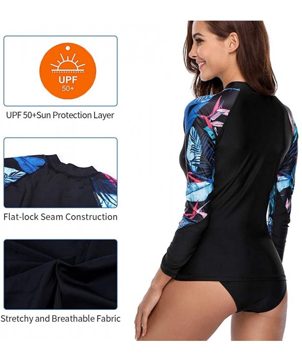 Women's Long Sleeve Rashguard UPF 50 Sun Protection Swimsuit Top Striped Swim Shirts - Leaf Pattern-black - CN189XQEA7O $26.8...