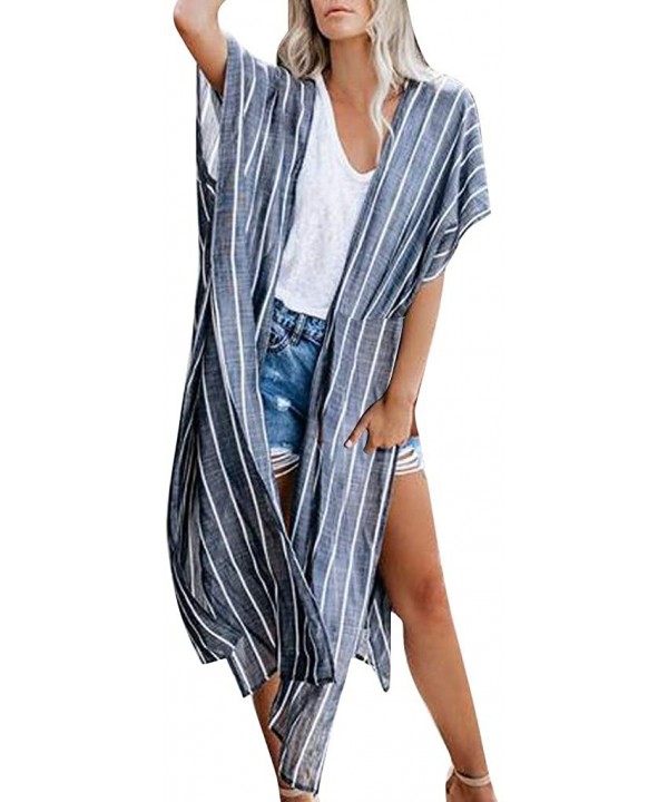 Womens Hip hop Style Vertical Coat Beach Long Kimono Bathing Suit Striped Print Cardigan - Blue - CK18W3643XS $14.01-Cover-Ups