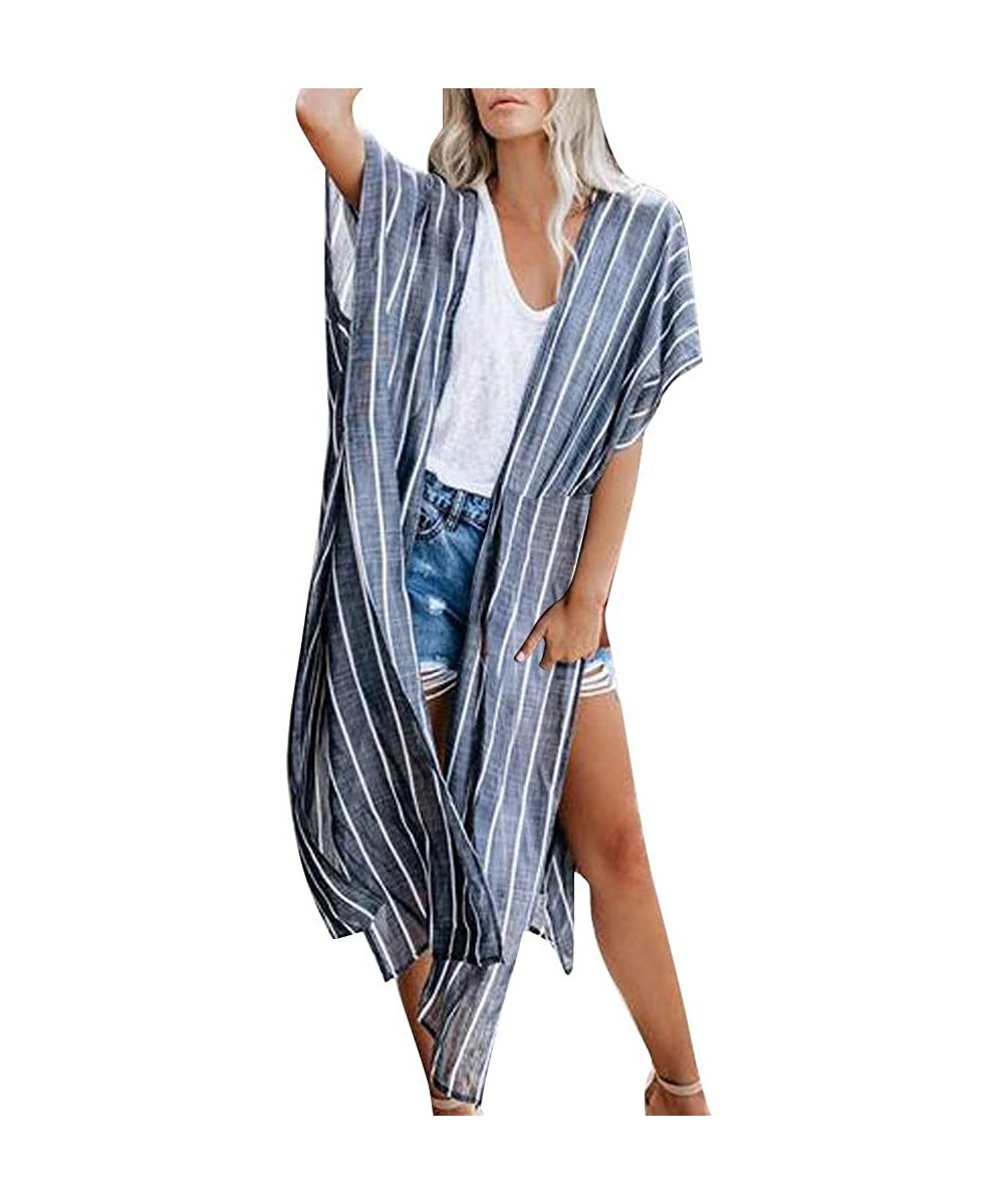 Womens Hip hop Style Vertical Coat Beach Long Kimono Bathing Suit Striped Print Cardigan - Blue - CK18W3643XS $14.01-Cover-Ups