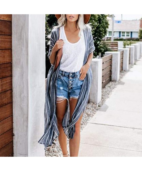 Womens Hip hop Style Vertical Coat Beach Long Kimono Bathing Suit Striped Print Cardigan - Blue - CK18W3643XS $14.01-Cover-Ups