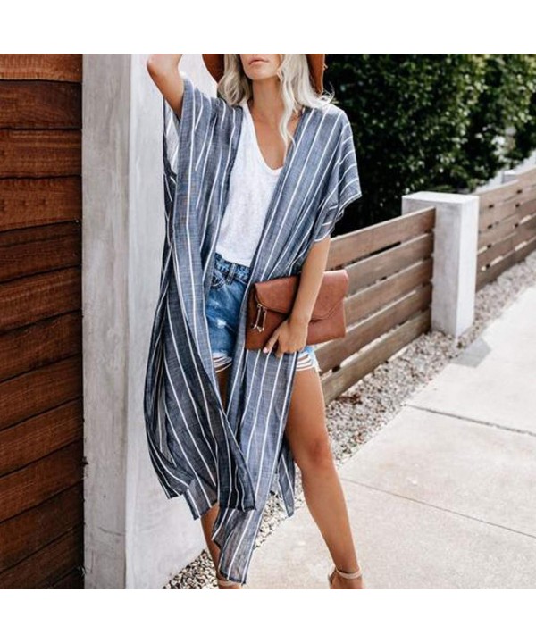 Womens Hip hop Style Vertical Coat Beach Long Kimono Bathing Suit Striped Print Cardigan - Blue - CK18W3643XS $14.01-Cover-Ups