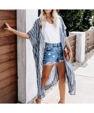 Womens Hip hop Style Vertical Coat Beach Long Kimono Bathing Suit Striped Print Cardigan - Blue - CK18W3643XS $14.01-Cover-Ups