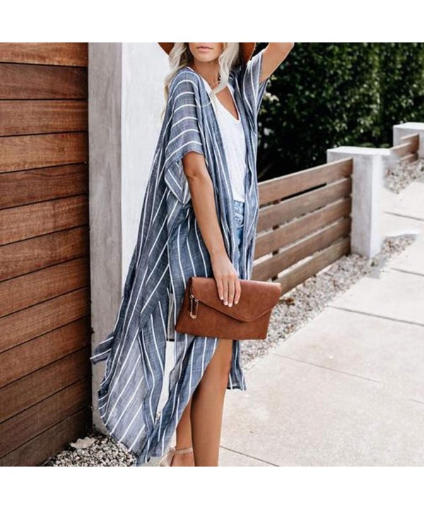 Womens Hip hop Style Vertical Coat Beach Long Kimono Bathing Suit Striped Print Cardigan - Blue - CK18W3643XS $14.01-Cover-Ups