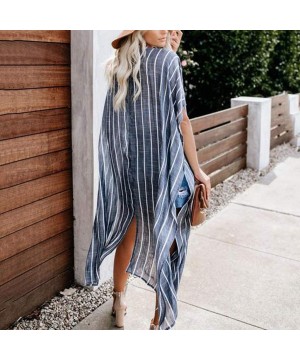 Womens Hip hop Style Vertical Coat Beach Long Kimono Bathing Suit Striped Print Cardigan - Blue - CK18W3643XS $14.01-Cover-Ups