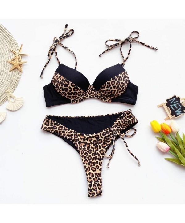 Swimsuit for Women Two Piece Bathing Suit Top Leopard Print Bandage Bikini - Black - CB1992SLT0U $20.91-Sets